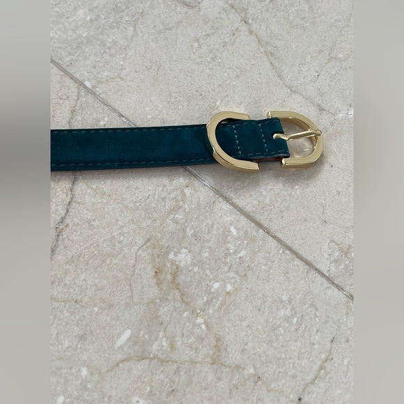 Maison Boinet Skinny Nubuck Leather Belt in Deep Turquoise w Gold Buckle 75 - Picture 7 of 16